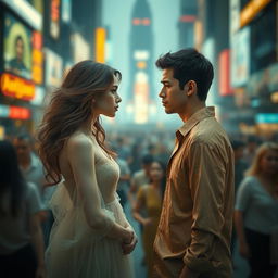 A surreal scene set in a bustling city, where two ethereal figures, Clara and Marcos, stand facing each other with concerned expressions