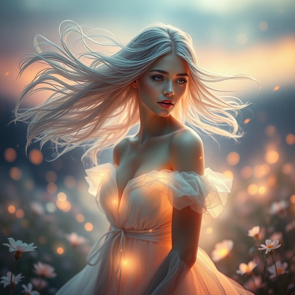 A breathtakingly beautiful ethereal scene featuring a mystical woman with flowing, iridescent hair and delicate features, adorned in an elegant, flowing gown that emits a soft glow