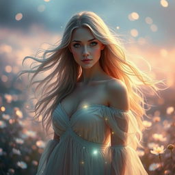 A breathtakingly beautiful ethereal scene featuring a mystical woman with flowing, iridescent hair and delicate features, adorned in an elegant, flowing gown that emits a soft glow