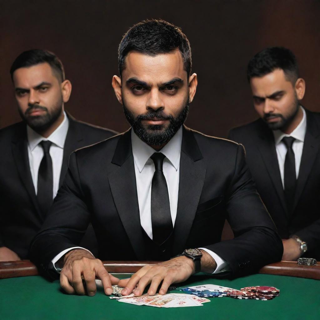 Image of a caricature of Virat Kohli in a stylized 'mafia' avatar, playing at a high-stakes gambling table, surrounded by his crew, all in imposing black suits, within a mysterious mafia setup.