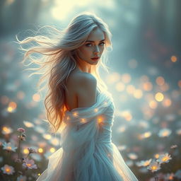 A breathtakingly beautiful ethereal scene featuring a mystical woman with flowing, iridescent hair and delicate features, adorned in an elegant, flowing gown that emits a soft glow