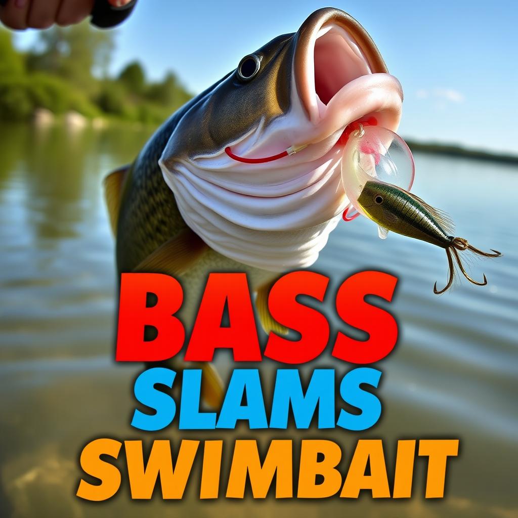 A striking thumbnail sized at 1920x1080 featuring a large bass fish aggressively hitting a swimbait lure, with no human hands or fishing rod in sight