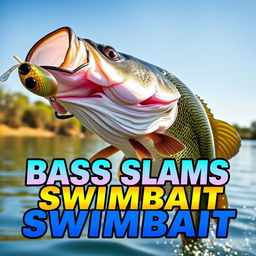 A striking thumbnail sized at 1920x1080 featuring a large bass fish aggressively hitting a swimbait lure, with no human hands or fishing rod in sight