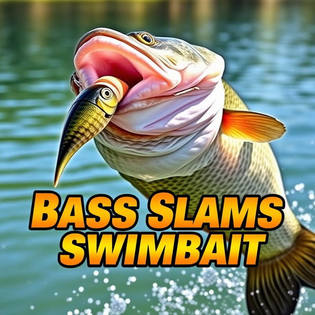 A striking thumbnail sized at 1920x1080 featuring a large bass fish aggressively hitting a swimbait lure, with no human hands or fishing rod in sight