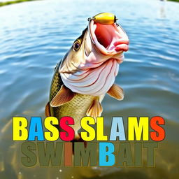 A striking thumbnail sized at 1920x1080 featuring a large bass fish aggressively hitting a swimbait lure, with no human hands or fishing rod in sight