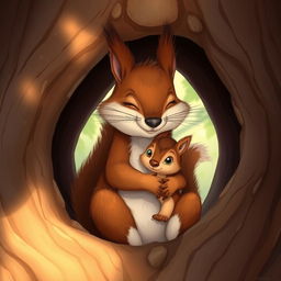 In the morning, within a cozy tree hollow, a large brown squirrel is warmly embracing a cute little brown squirrel