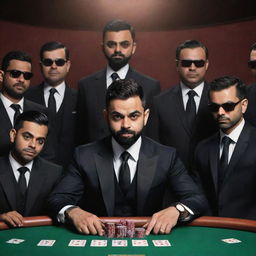 Image of a caricature of Virat Kohli in a stylized 'mafia' avatar, playing at a high-stakes gambling table, surrounded by his crew, all in imposing black suits, within a mysterious mafia setup.