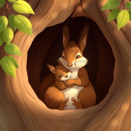 In the morning, within a cozy tree hollow, a large brown squirrel is warmly embracing a cute little brown squirrel