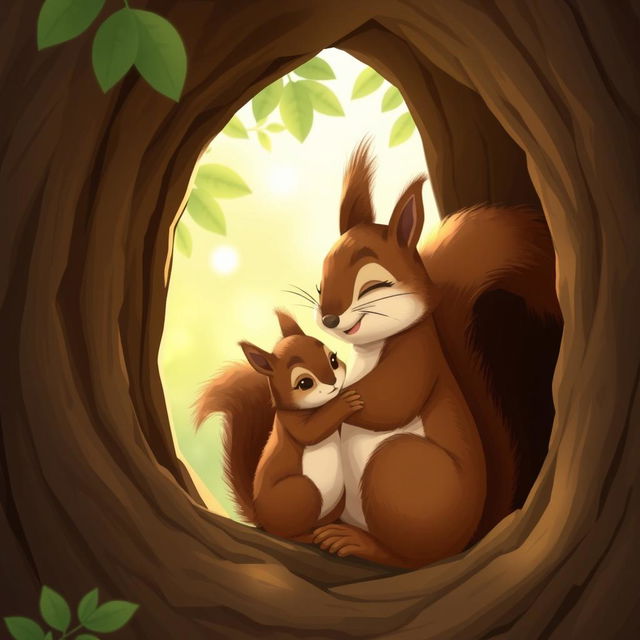 In the morning, within a cozy tree hollow, a large brown squirrel is warmly embracing a cute little brown squirrel