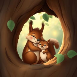 In the morning, within a cozy tree hollow, a large brown squirrel is warmly embracing a cute little brown squirrel