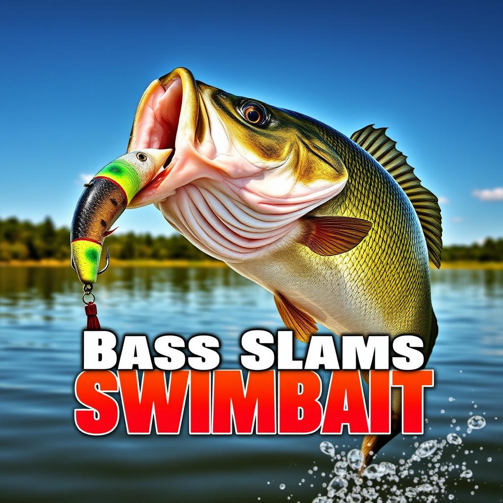 An exciting 1920x1080 thumbnail showcasing a large bass fish aggressively striking a swimbait lure, with no hands or fishing rod present