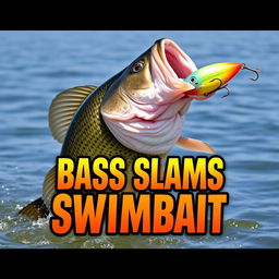 An exciting 1920x1080 thumbnail showcasing a large bass fish aggressively striking a swimbait lure, with no hands or fishing rod present