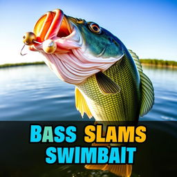 An exciting 1920x1080 thumbnail showcasing a large bass fish aggressively striking a swimbait lure, with no hands or fishing rod present