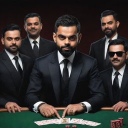 Image of a caricature of Virat Kohli in a stylized 'mafia' avatar, playing at a high-stakes gambling table, surrounded by his crew, all in imposing black suits, within a mysterious mafia setup.