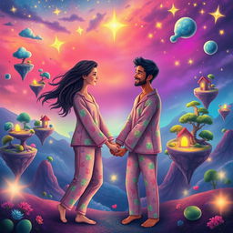 A surreal dream world where two ethereal figures, Clara and Marcos, meet in a vibrant, colorful landscape filled with floating islands, whimsical trees, and glowing stars