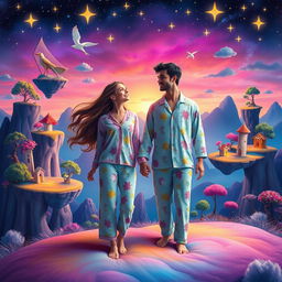 A surreal dream world where two ethereal figures, Clara and Marcos, meet in a vibrant, colorful landscape filled with floating islands, whimsical trees, and glowing stars