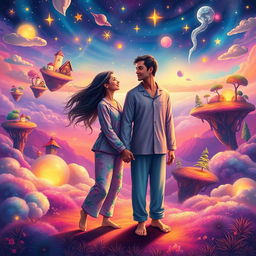 A surreal dream world where two ethereal figures, Clara and Marcos, meet in a vibrant, colorful landscape filled with floating islands, whimsical trees, and glowing stars