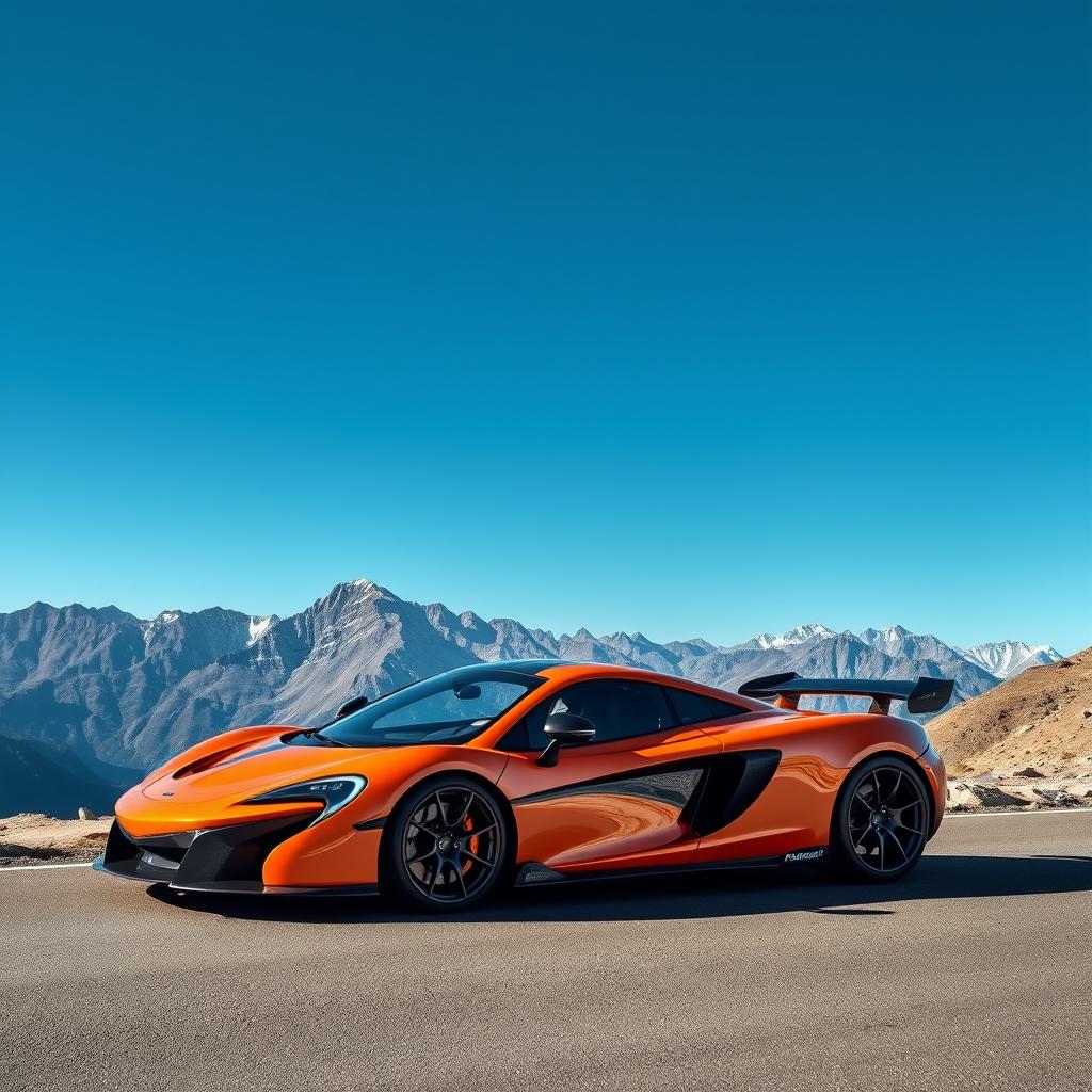 A stunning McLaren P1 hypercar parked elegantly on a scenic mountain road, showcasing its sleek aerodynamic design and vibrant orange color