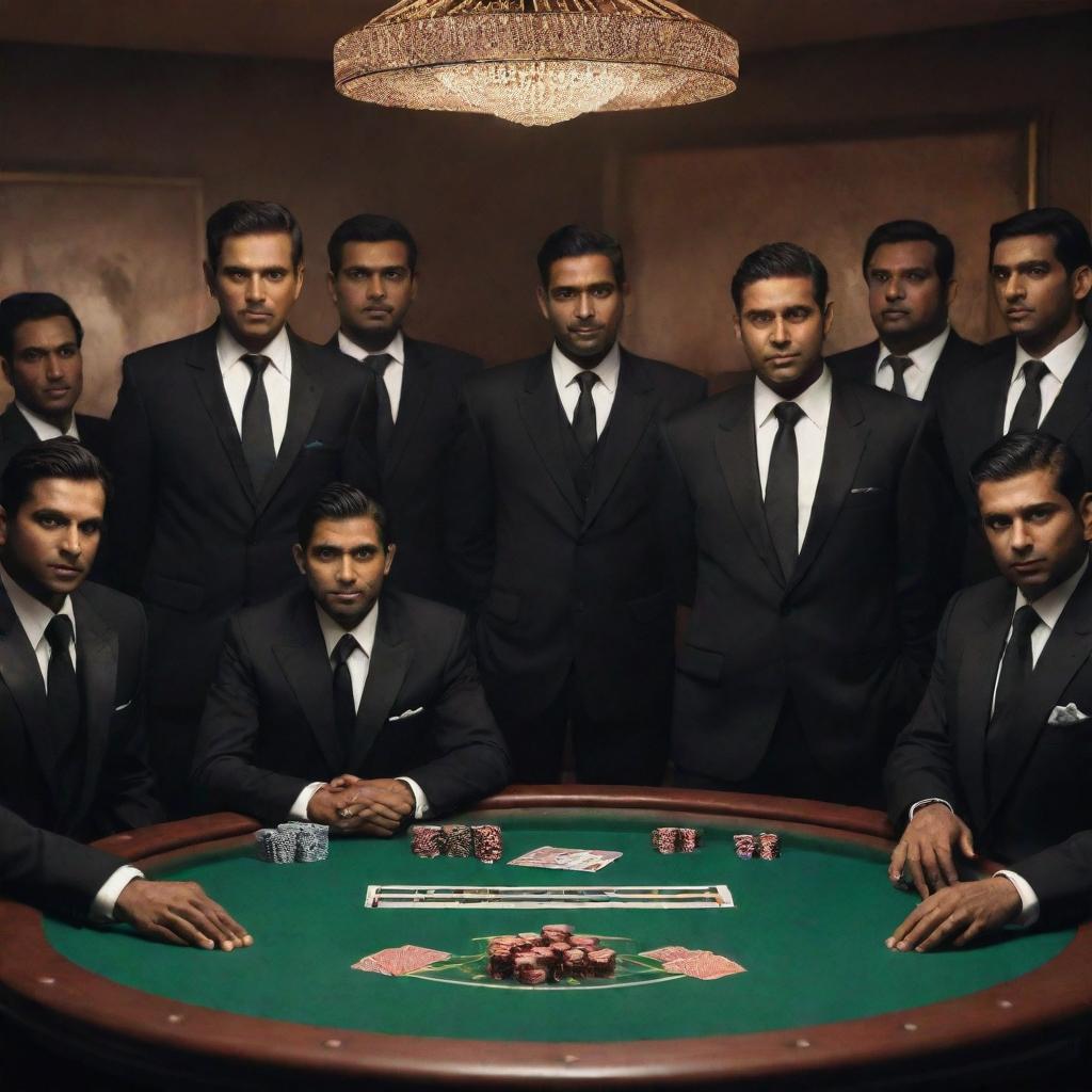 Animation of the Indian Cricket team as ‘mafia’ figures, dramatically set around a high-stakes gambling table in imposing black suits, amidst a classic mafia ambiance.