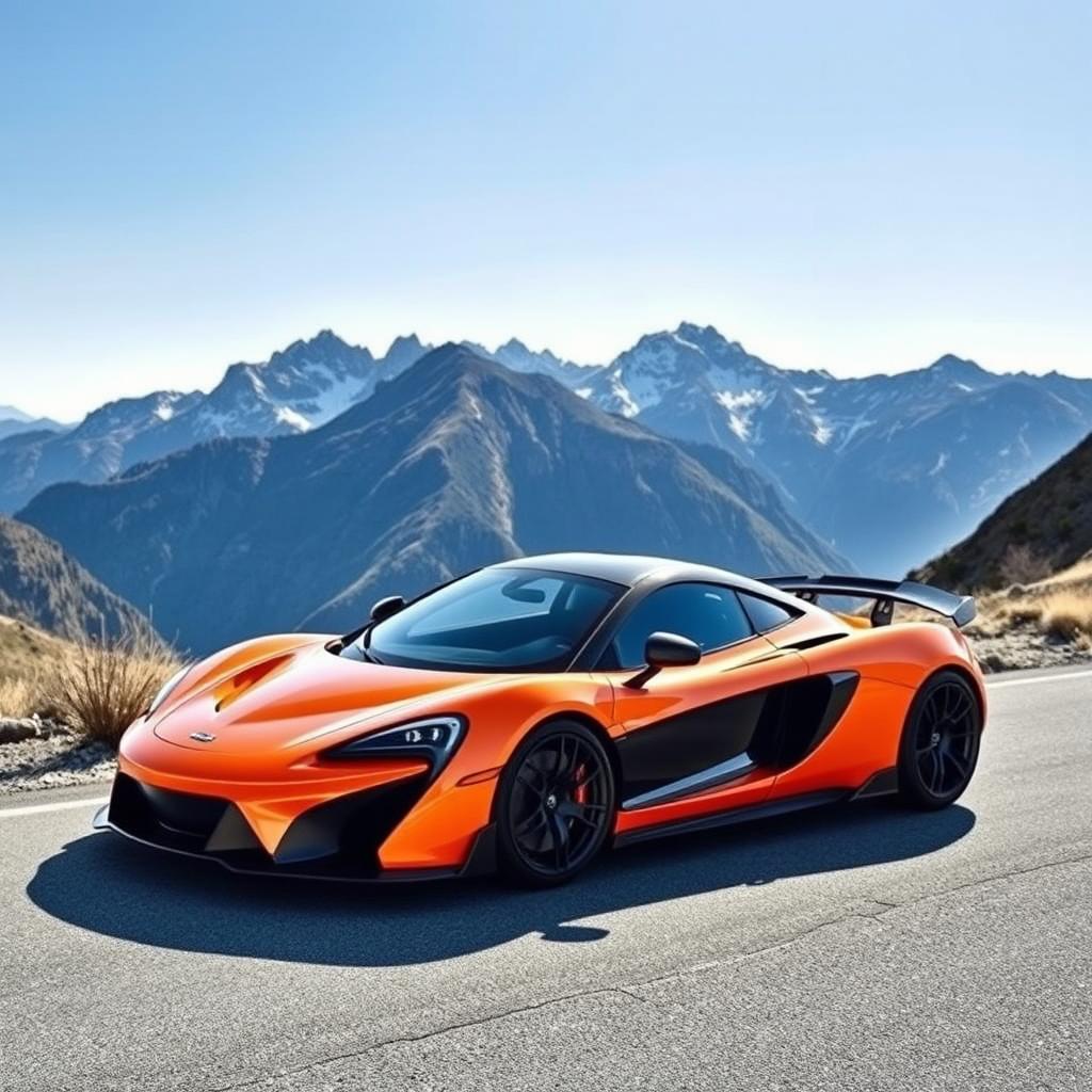 A stunning McLaren P1 hypercar parked elegantly on a scenic mountain road, showcasing its sleek aerodynamic design and vibrant orange color