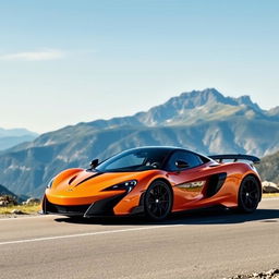 A stunning McLaren P1 hypercar parked elegantly on a scenic mountain road, showcasing its sleek aerodynamic design and vibrant orange color