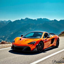 A stunning McLaren P1 hypercar parked elegantly on a scenic mountain road, showcasing its sleek aerodynamic design and vibrant orange color