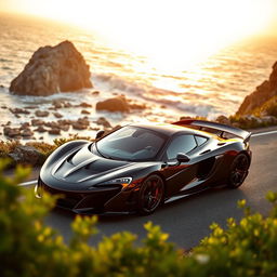 A stunning McLaren P1 sports car in sleek, glossy black color, parked on a picturesque coastal road with the sun setting in the background, casting a warm golden glow on the car's curves