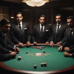 Animation of the Indian Cricket team as ‘mafia’ figures, dramatically set around a high-stakes gambling table in imposing black suits, amidst a classic mafia ambiance.