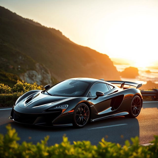 A stunning McLaren P1 sports car in sleek, glossy black color, parked on a picturesque coastal road with the sun setting in the background, casting a warm golden glow on the car's curves