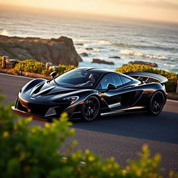 A stunning McLaren P1 sports car in sleek, glossy black color, parked on a picturesque coastal road with the sun setting in the background, casting a warm golden glow on the car's curves