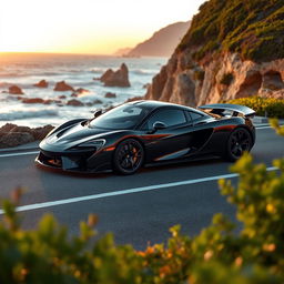 A stunning McLaren P1 sports car in sleek, glossy black color, parked on a picturesque coastal road with the sun setting in the background, casting a warm golden glow on the car's curves