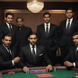 Animation of the Indian Cricket team as ‘mafia’ figures, dramatically set around a high-stakes gambling table in imposing black suits, amidst a classic mafia ambiance.