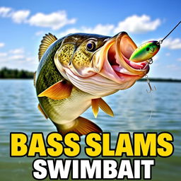 A thrilling 1920x1080 thumbnail depicting a large bass fish aggressively striking a swimbait lure, with neither hands nor fishing rod present in the scene