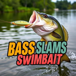 A thrilling 1920x1080 thumbnail depicting a large bass fish aggressively striking a swimbait lure, with neither hands nor fishing rod present in the scene