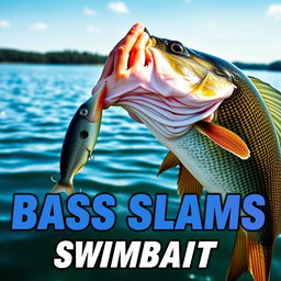 A thrilling 1920x1080 thumbnail depicting a large bass fish aggressively striking a swimbait lure, with neither hands nor fishing rod present in the scene