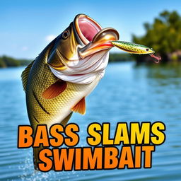 A thrilling 1920x1080 thumbnail depicting a large bass fish aggressively striking a swimbait lure, with neither hands nor fishing rod present in the scene