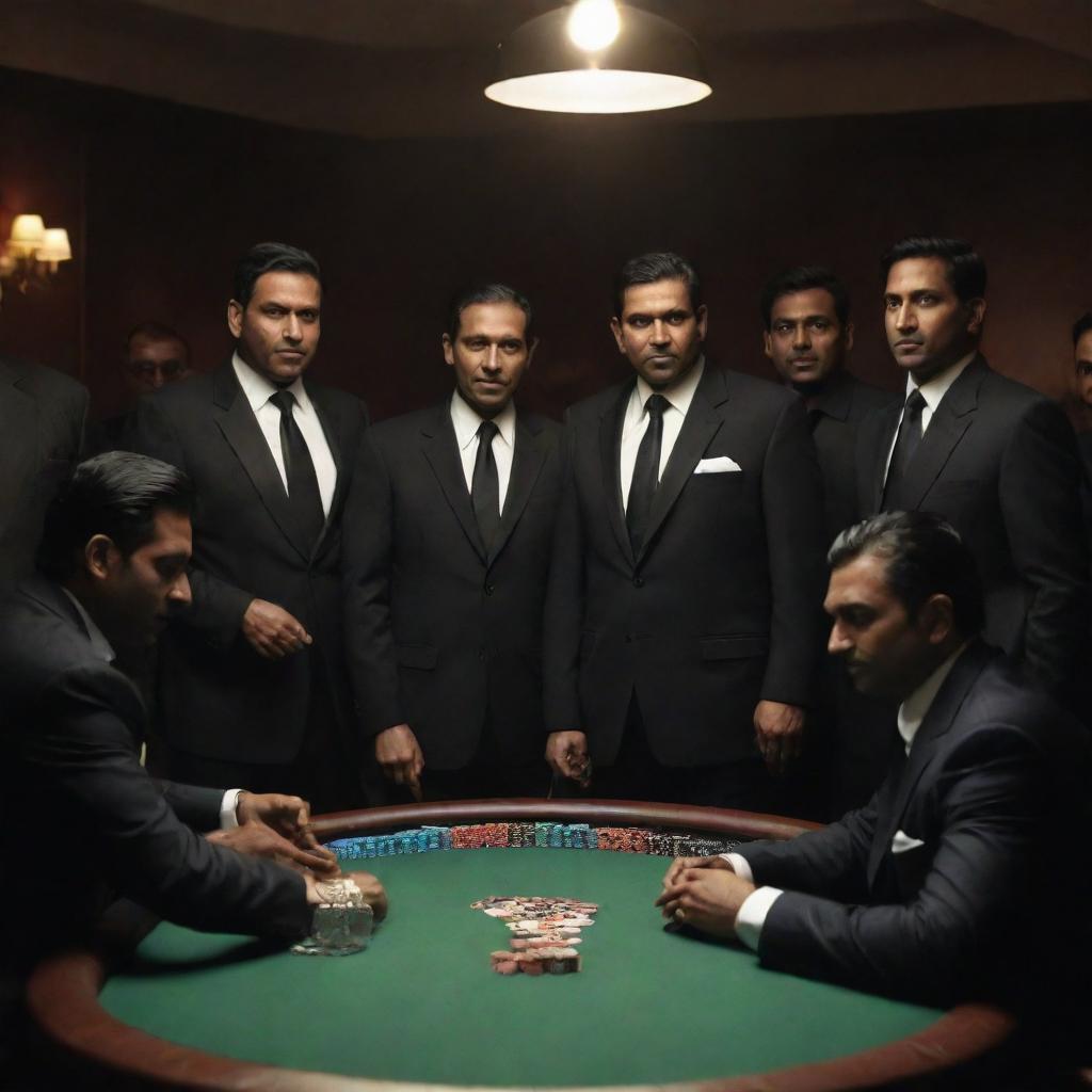 Animation of the Indian Cricket team as ‘mafia’ figures, dramatically set around a high-stakes gambling table in imposing black suits, amidst a classic mafia ambiance.