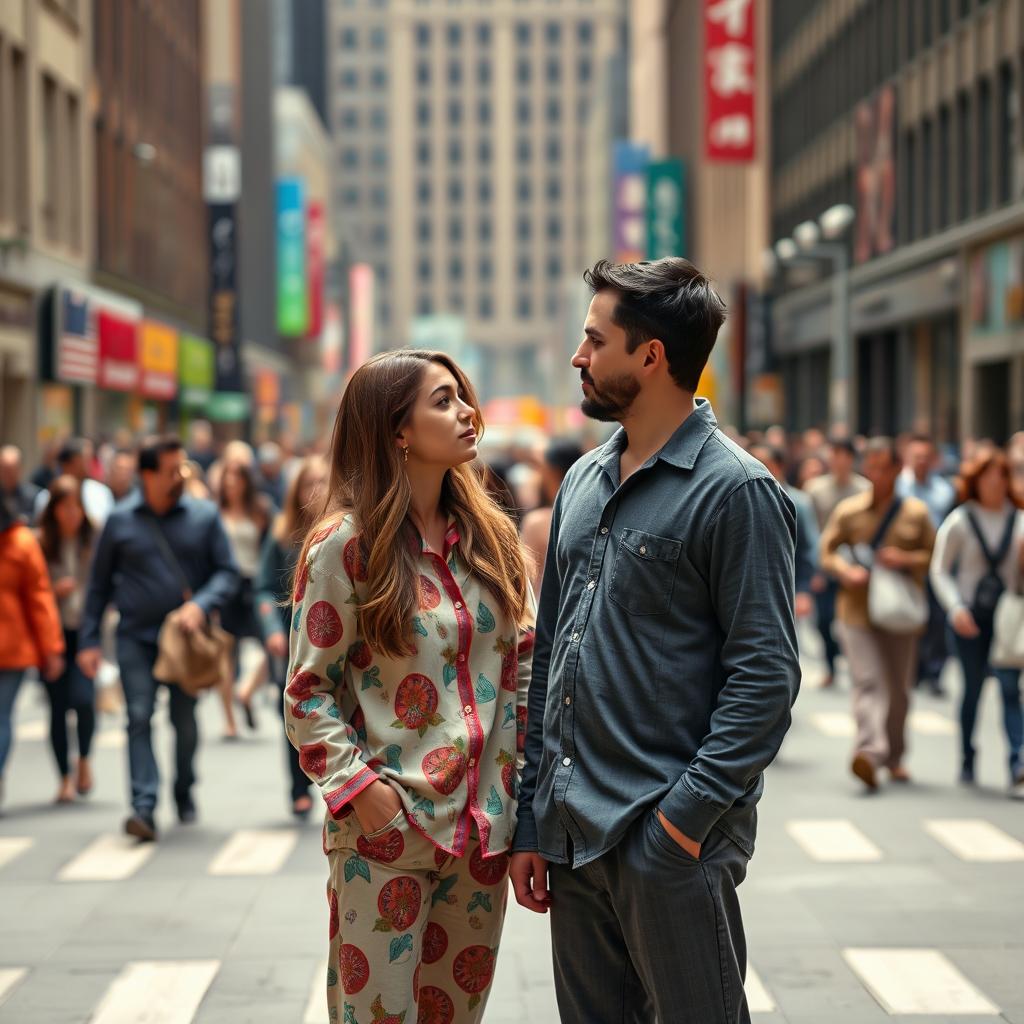 A photograph of a couple, Clara and Marcos, standing in the midst of a busy urban street filled with blurred figures of people passing by, unaware of their presence