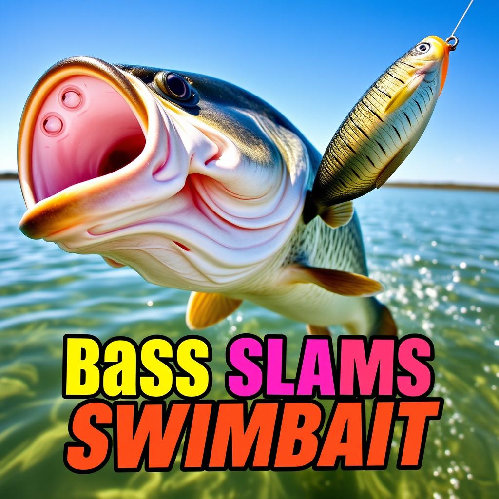 A dynamic 1920x1080 thumbnail featuring a large bass fish forcefully striking a swimbait lure, with no hands or fishing rod visible in the image