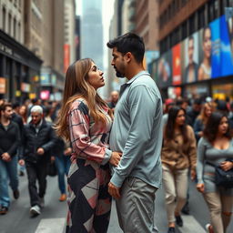 A photograph of a couple, Clara and Marcos, standing in the midst of a busy urban street filled with blurred figures of people passing by, unaware of their presence