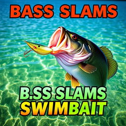 A dynamic 1920x1080 thumbnail featuring a large bass fish forcefully striking a swimbait lure, with no hands or fishing rod visible in the image