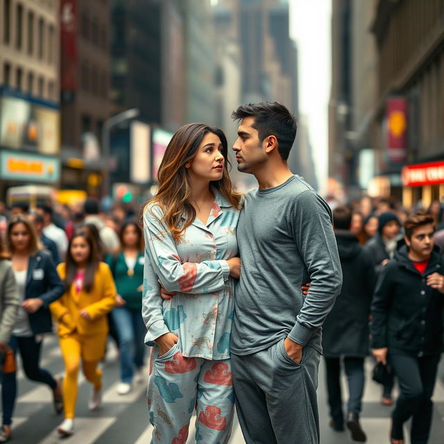 A photograph of a couple, Clara and Marcos, standing in the midst of a busy urban street filled with blurred figures of people passing by, unaware of their presence