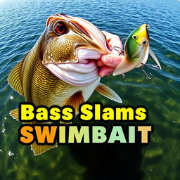 A dynamic 1920x1080 thumbnail featuring a large bass fish forcefully striking a swimbait lure, with no hands or fishing rod visible in the image