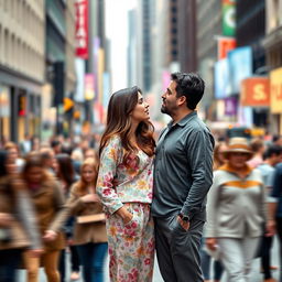 A photograph of a couple, Clara and Marcos, standing in the midst of a busy urban street filled with blurred figures of people passing by, unaware of their presence