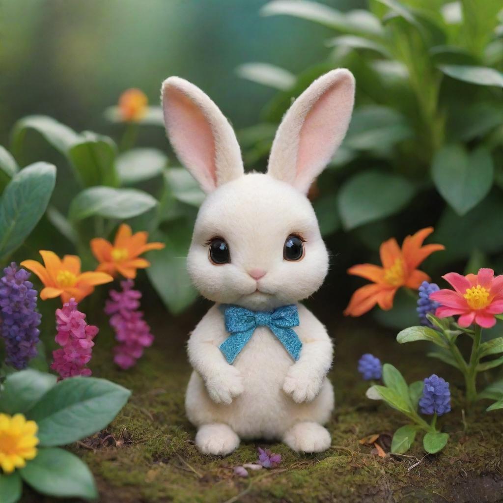 A tiny, curious bunny named Little Luna living in the vibrant, magical land of Bloomberry, filled with bright and whimsical vegetation.