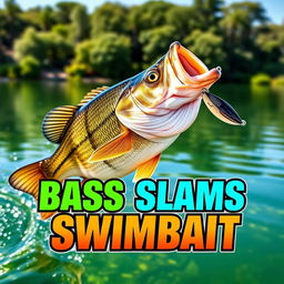 A dynamic 1920x1080 thumbnail featuring a large bass fish forcefully striking a swimbait lure, with no hands or fishing rod visible in the image