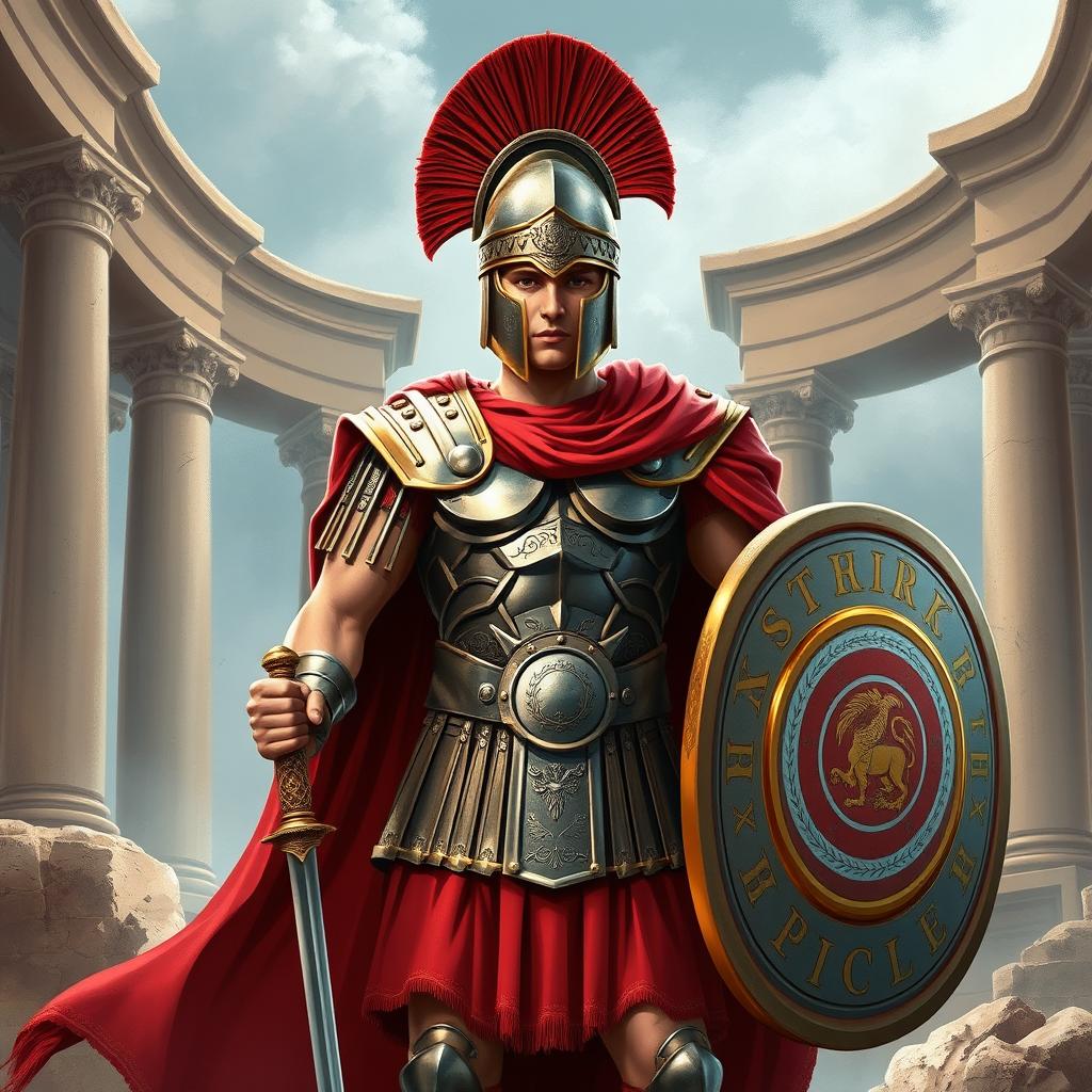 A captivating illustration of a Roman centurion, known as 'Castrizo Romano', showcasing the grandeur and valor of ancient Roman military attire