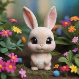 A tiny, curious bunny named Little Luna living in the vibrant, magical land of Bloomberry, filled with bright and whimsical vegetation.