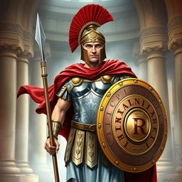 A captivating illustration of a Roman centurion, known as 'Castrizo Romano', showcasing the grandeur and valor of ancient Roman military attire