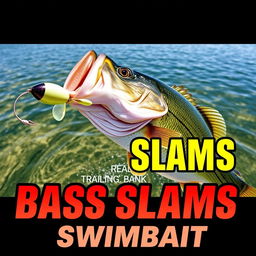 A captivating 1920x1080 thumbnail featuring a large bass fish powerfully striking a swimbait lure, with no hands or fishing rod in sight